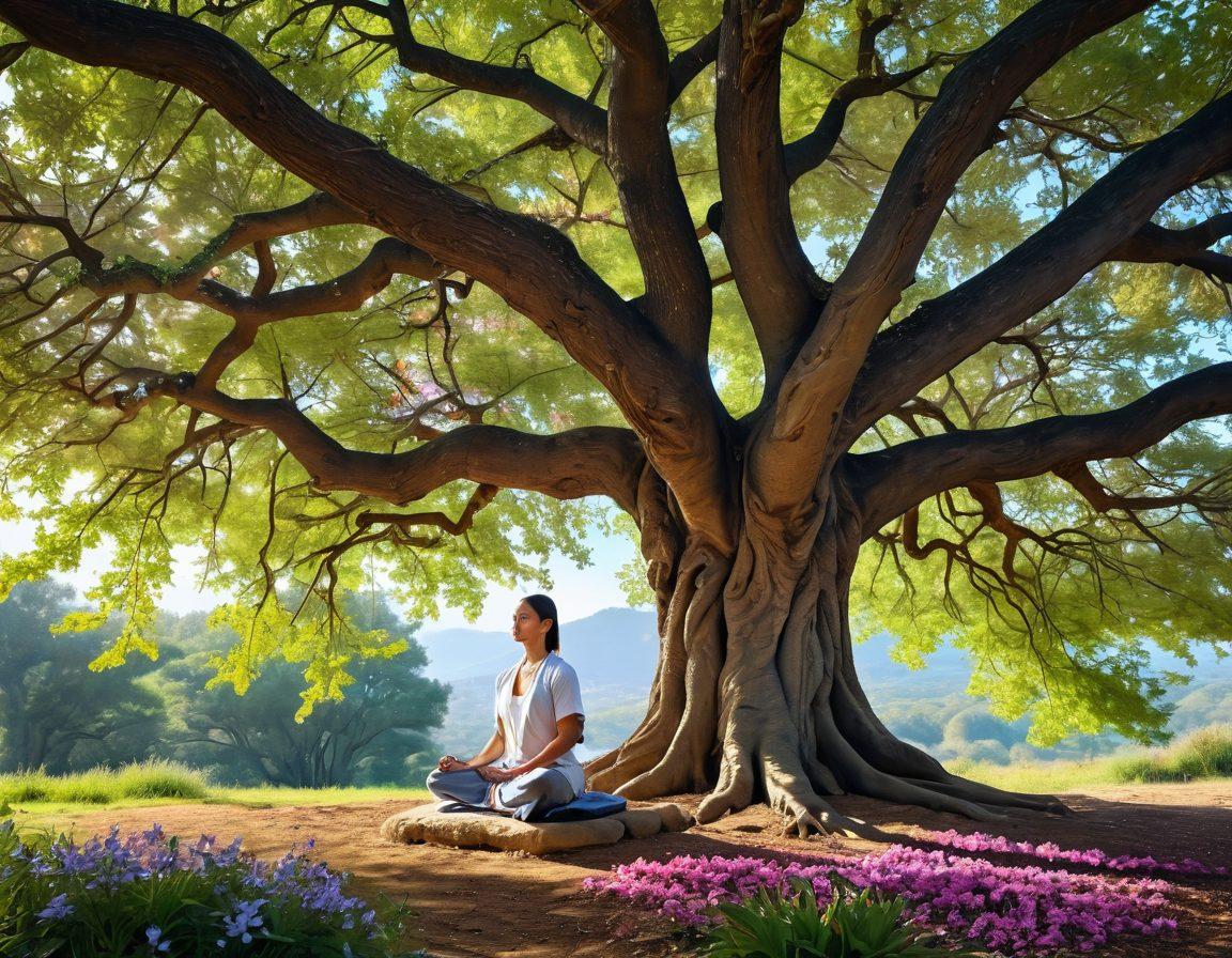 A serene landscape depicting a person meditating under a large tree, symbols of autonomy like open doors and paths surrounding them, colorful flowers blooming around, soft sunlight filtering through leaves, conveying peace and well-being. vibrant colors. super-realistic. nature-inspired.