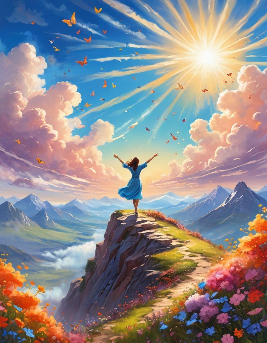 A vibrant and colorful illustration of a person standing on a mountaintop, arms wide open to the sky, surrounded by swirling butterflies and blooming flowers, symbolizing joy and freedom. Bright sunlight casts warm rays over the scene, highlighting the beauty of self-expression. The background features a clear blue sky and fluffy white clouds, representing limitless possibilities. whimsical, vibrant colors, metaphorical elements, uplifting atmosphere.