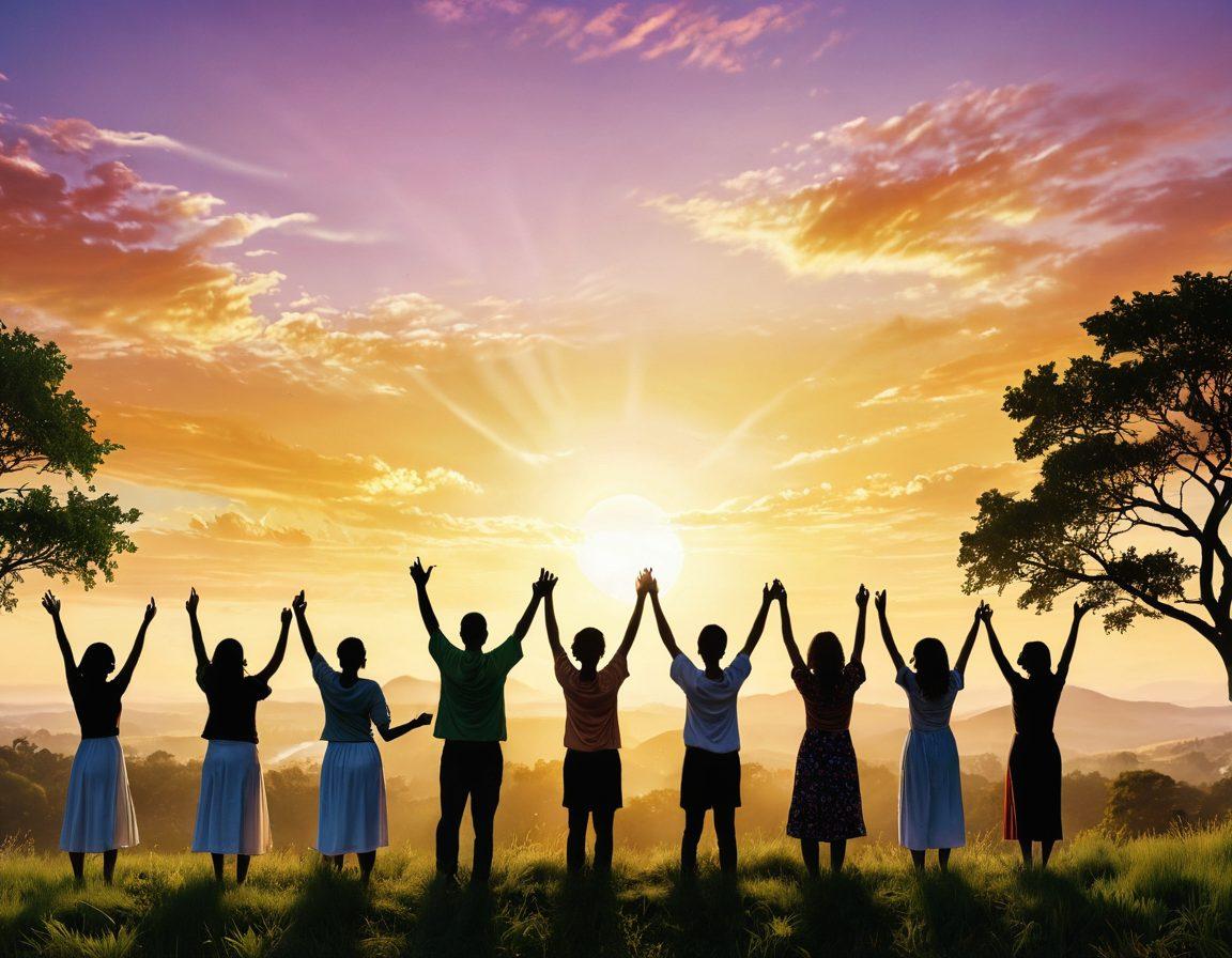 A vibrant scene depicting a diverse group of individuals standing on a hilltop, arms raised towards the sky, symbolizing freedom and empowerment. The background features a sunrise casting golden light, with lush green landscapes that represent growth and opportunity. In their hands, they hold different symbols of choice like books, tools, and art materials. The atmosphere is uplifting and hopeful, reflecting the theme of liberty and fulfillment. super-realistic. vibrant colors. sunrise backdrop.